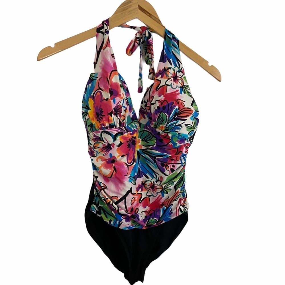 La Blanca Floral Halter One-Piece Swimsuit in Multicolor and Black